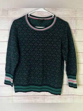J.Crew green diamond pattern merino wool with striped ribbed trim Sweater XL